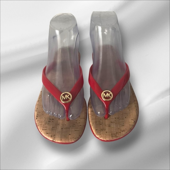 Michael Kors Red Jelly Cork Thong Flip Flops SZ 6 Women Summer Sandal Beach - Picture 2 of 7